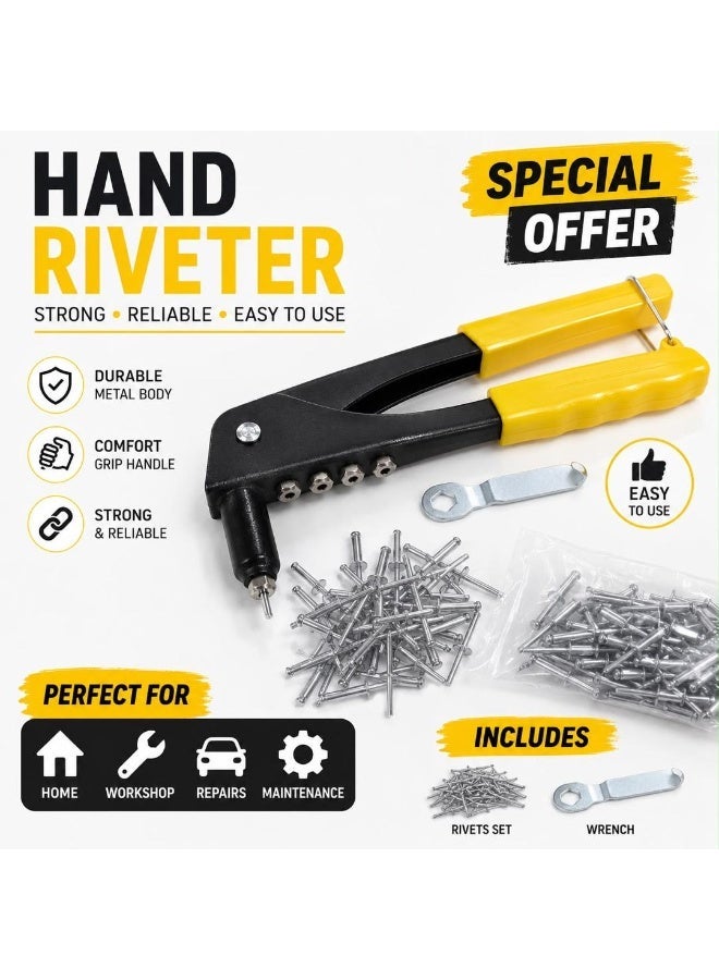 Manual Double Handle Rivet Gun – Stainless Steel – Single Piece – One-Hand Operation & Strong Fixing & 4 mm × 14 mm Rivets (Pack of 50) – Dome Head Blind Rivets with Aluminum Body and Steel Mandrel for Metal and Sheet Fastening Bundle - Image 3