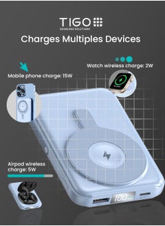 T I G O Magsafe Power Bank 10000mAh Wireless Portable Charger Fast Charging with Display, Mobile Phone PD 20W Wired Charging, iPhone Magsafe Charger Battery Pack for iPhone 12-16 Series, Samsung Blue  - Image 2