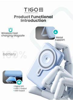 T I G O Magsafe Power Bank 10000mAh Wireless Portable Charger Fast Charging with Display, Mobile Phone PD 20W Wired Charging, iPhone Magsafe Charger Battery Pack for iPhone 12-16 Series, Samsung Blue  - Image 3