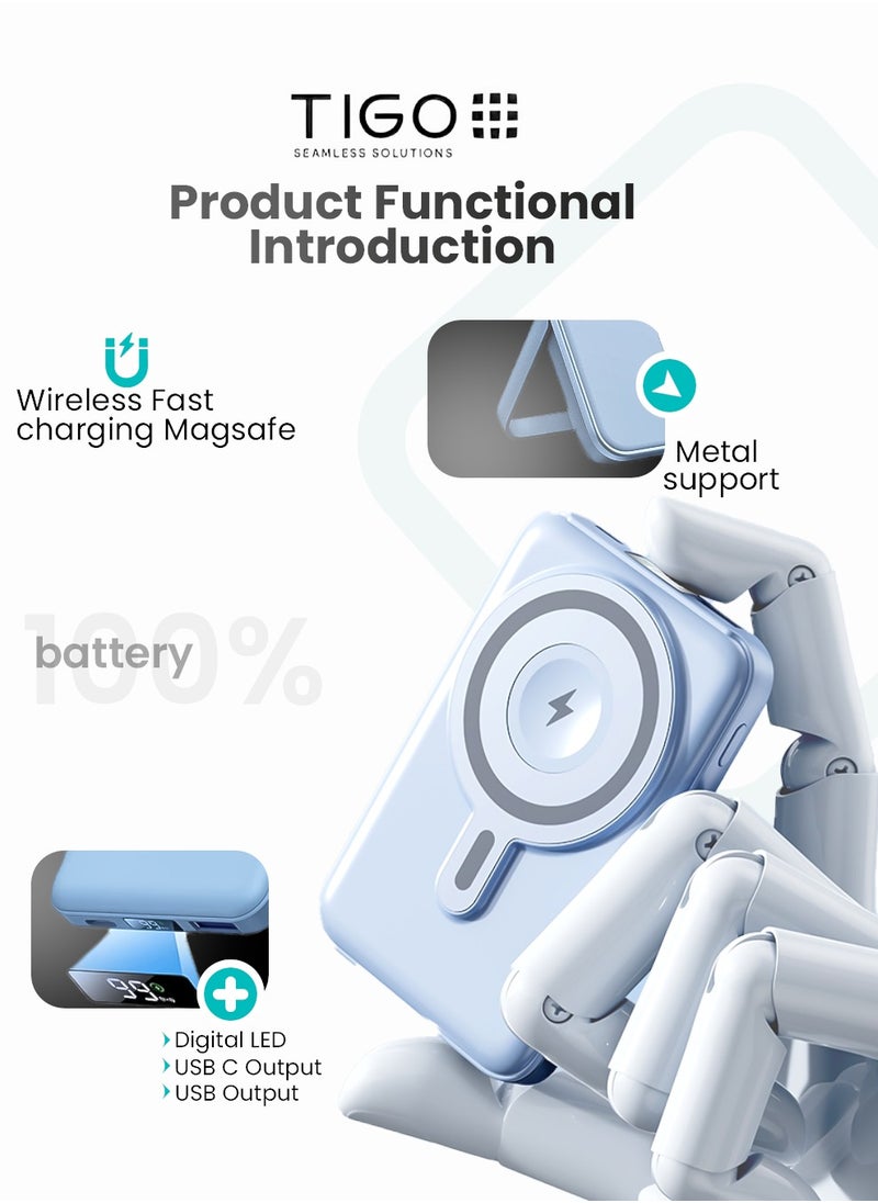 T I G O - 10000mAh Magsafe Power Bank Wireless Portable Charger Fast Charging with Display, Mobile Phone PD 20W Wired Charging, iPhone Magsafe Charger Battery Pack for iPhone 12-16 Series, Samsung Blue - Image 1