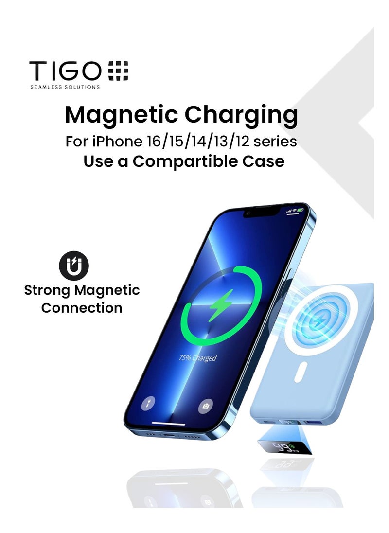 T I G O - 10000mAh Magsafe Power Bank Wireless Portable Charger Fast Charging with Display, Mobile Phone PD 20W Wired Charging, iPhone Magsafe Charger Battery Pack for iPhone 12-16 Series, Samsung Blue - Image 1