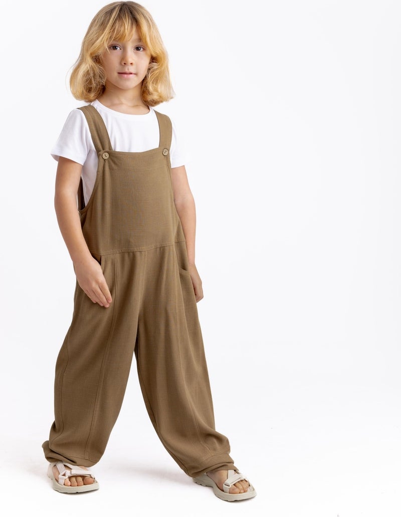 Oliven The Kid Unisex Wide Leg Linen Salopet Caramel - Image 1
