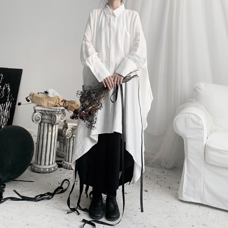Chic Asymmetric Loose Shirt  High-Waist Skirt Set White shirt and black skirt two-piece suit