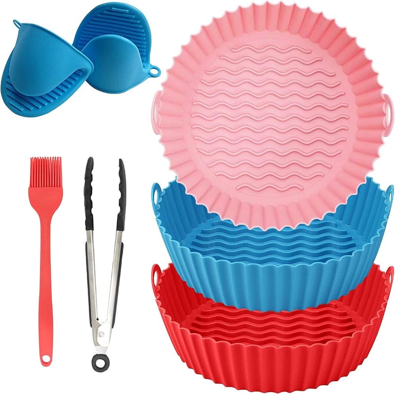 ITUSHA 3 Air Fryer Silicone Liners & 3 Air Fryer Accessories - 7.87 inch (3-5 Qt+) Food Grade Reusable Silicone Baskets/Pots/Liners with Oven Mitts, Basting Brush and Tongs Multi Color - Image 1