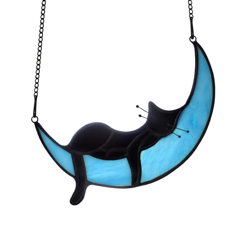 BOXCASA Black Cat on Moon Stained Glass Witchy Gifts for Women  Indoor Suncatchers for Windows HangingChristmas for Cat Lovers with Suction Cups and Chains