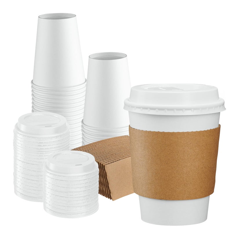 GUSTO 50 Sets  12 oz Disposable White Coffee Cups with White Lids Sleeves  To Go Paper Hot Cups Formerly Comfy Package