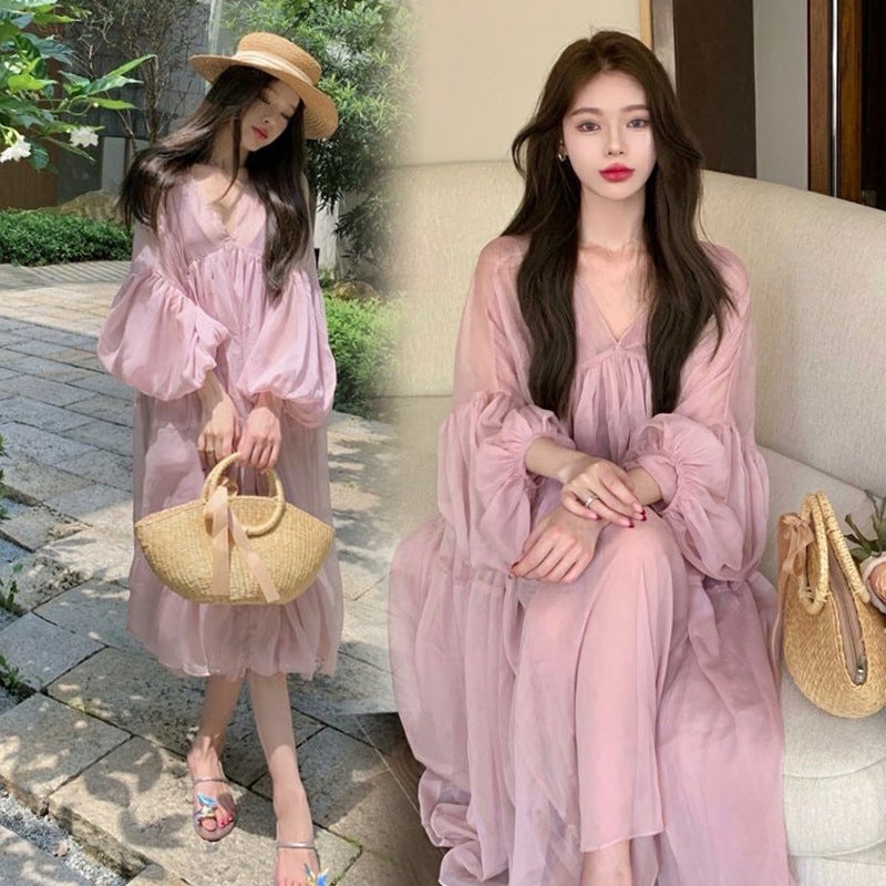 Maternity summer dress plus size maternity dress French 200 catties summer fashion trend with chiffon suspender skirt suit Pink two-piece XL - Image 1