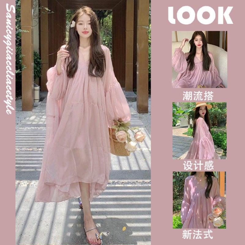 Maternity summer dress plus size maternity dress French 200 catties summer fashion trend with chiffon suspender skirt suit Pink two-piece XL - Image 5