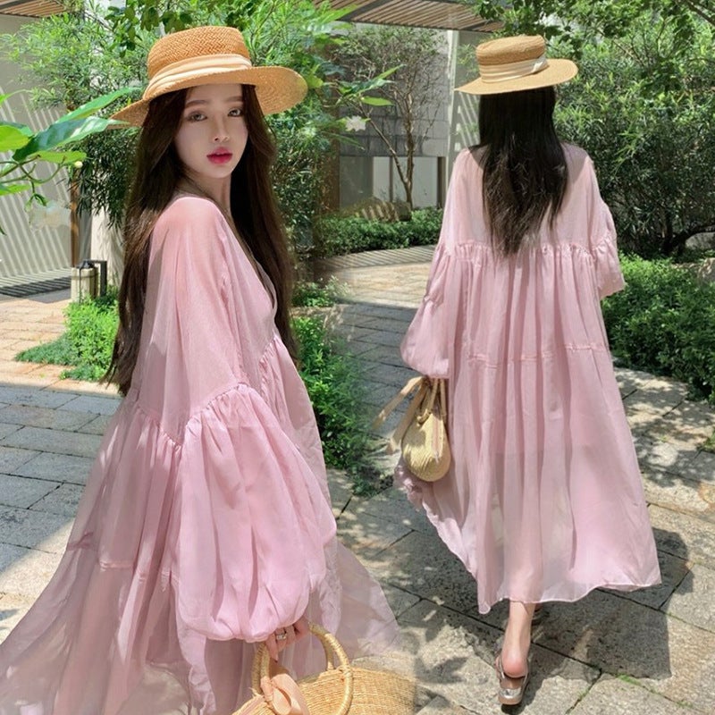 Maternity summer dress plus size maternity dress French 200 catties summer fashion trend with chiffon suspender skirt suit Pink two-piece XL - Image 4