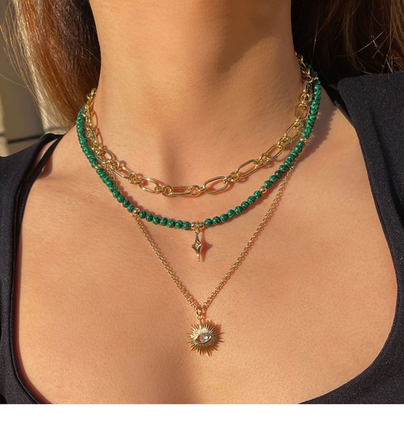 SOFYBJA Green Malachite Beads Choker Necklace Gold Star Zircon Pendant Necklace Women Chakra Healing Gemstone Jewelry Amulet Gifts - Image 2