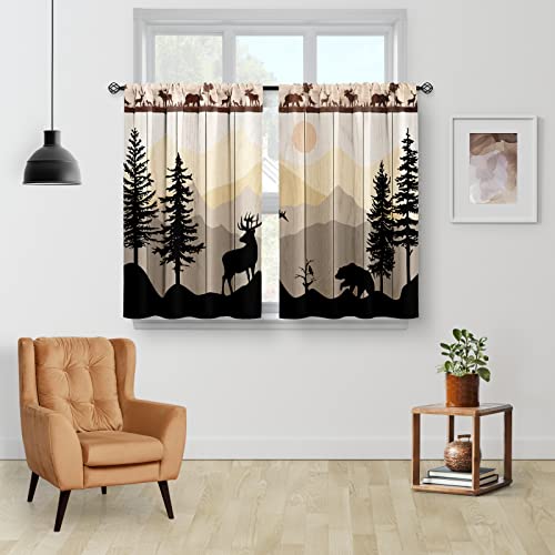 Aimego Kitchen Curtains - Forest Sunset Country Rustic Farmhouse Short Cafe Tier Curtains for Dining Room, Sink, Retro Tree Bear Deer Rod Pocket Window Drapes, 36 Inch Length, 2 Panels - Image 2