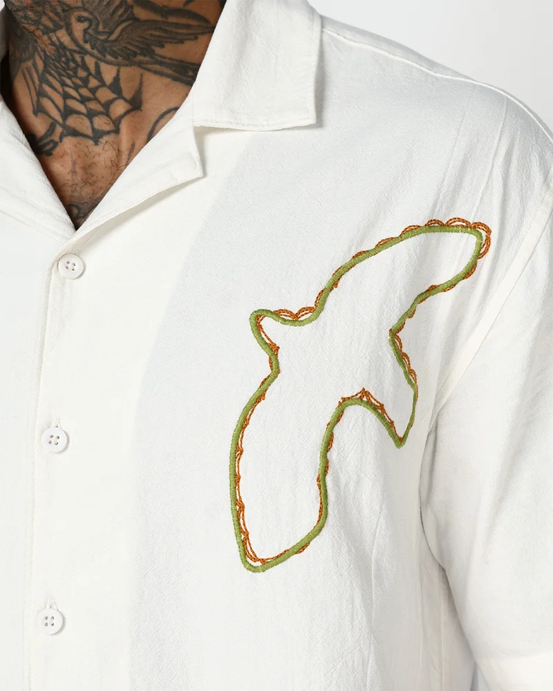 bewakoof Men's White Embroidered Oversized Shirt