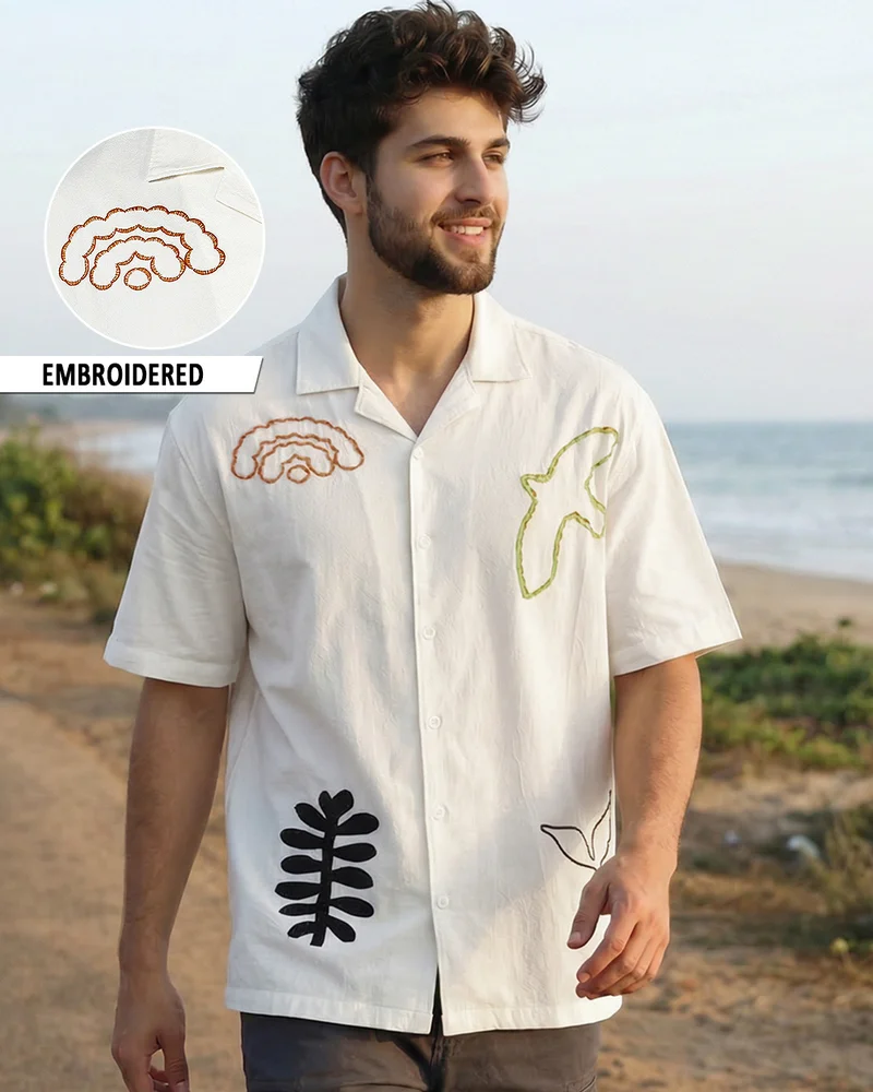 bewakoof Men's White Embroidered Oversized Shirt