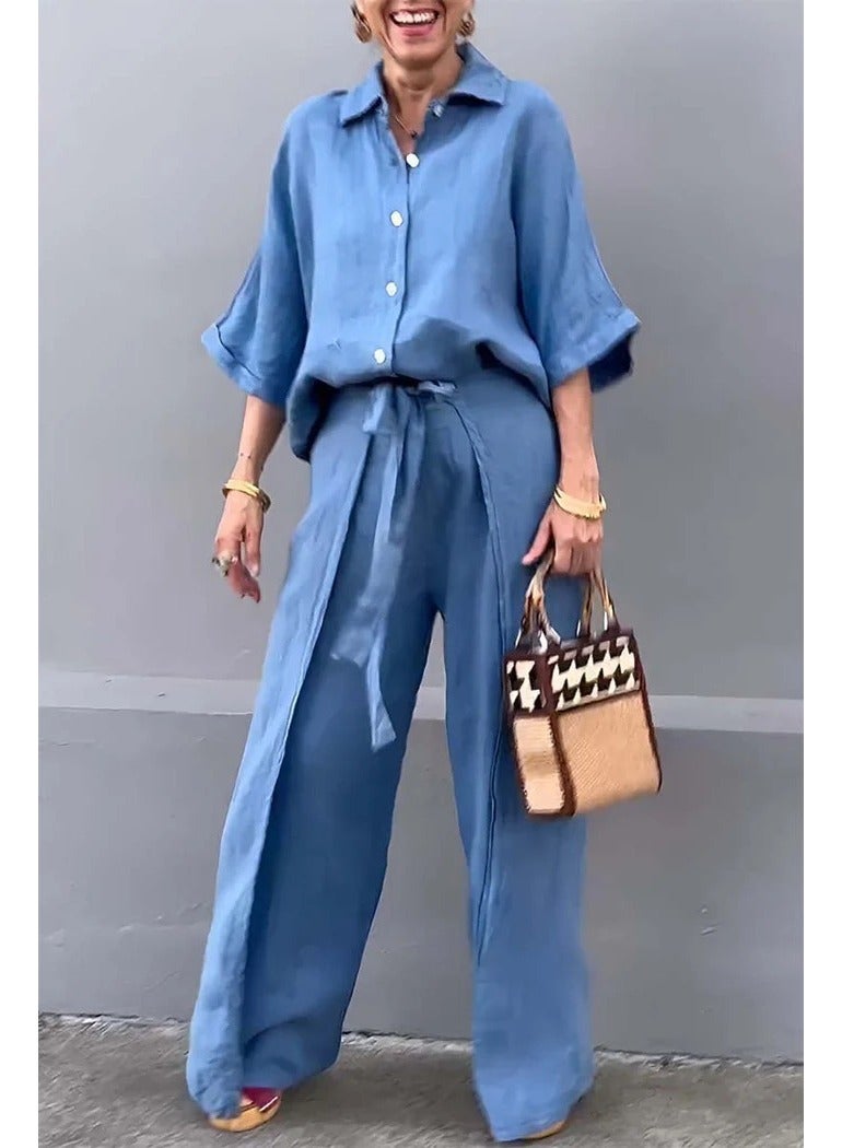 Shougu Casual Solid Color Shirt Belt Wide Leg Irregular Pants Set  - Image 1