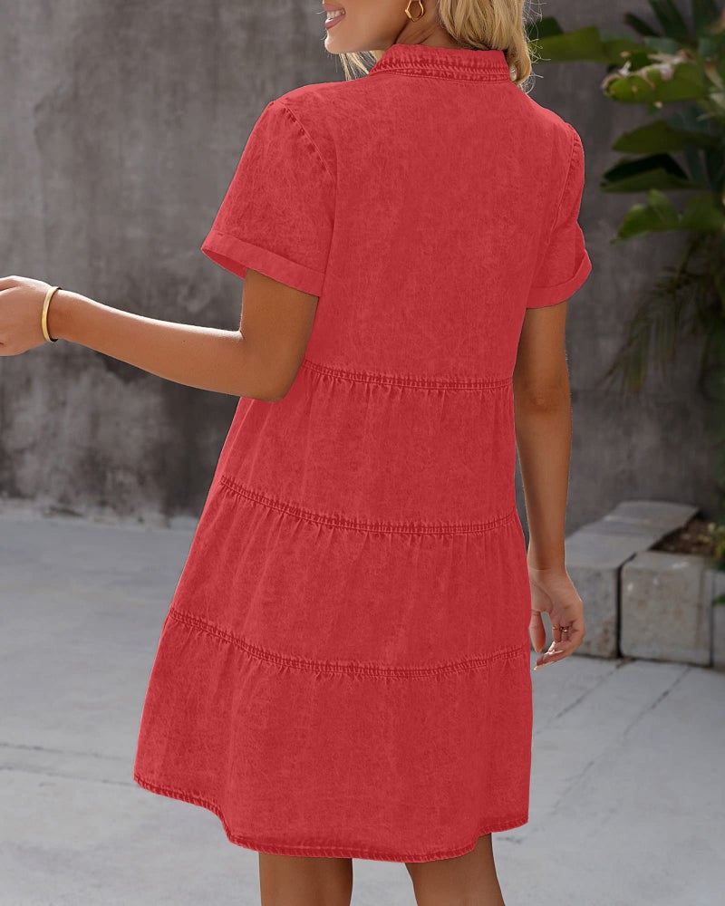 LookbookStore Women's Short Sleeve Babydoll Dress with Lapel Collar Button Down Dress Loose Fit Denim Dress for Women Casual Poppy Red Dress Size M - Image 2