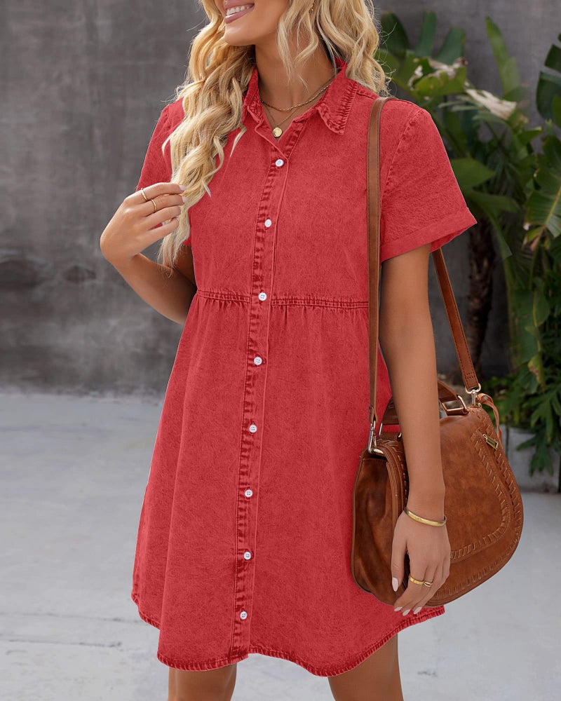 LookbookStore Women's Short Sleeve Babydoll Dress with Lapel Collar Button Down Dress Loose Fit Denim Dress for Women Casual Poppy Red Dress Size M - Image 5