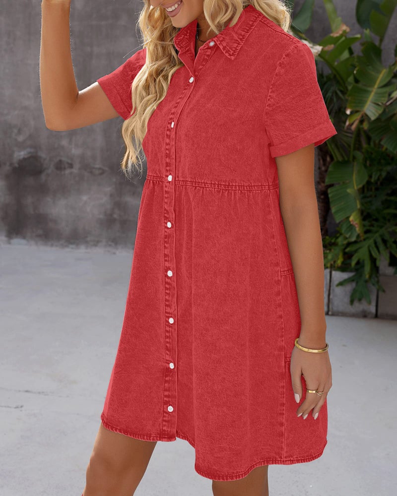 LookbookStore Women's Short Sleeve Babydoll Dress with Lapel Collar Button Down Dress Loose Fit Denim Dress for Women Casual Poppy Red Dress Size M - Image 4