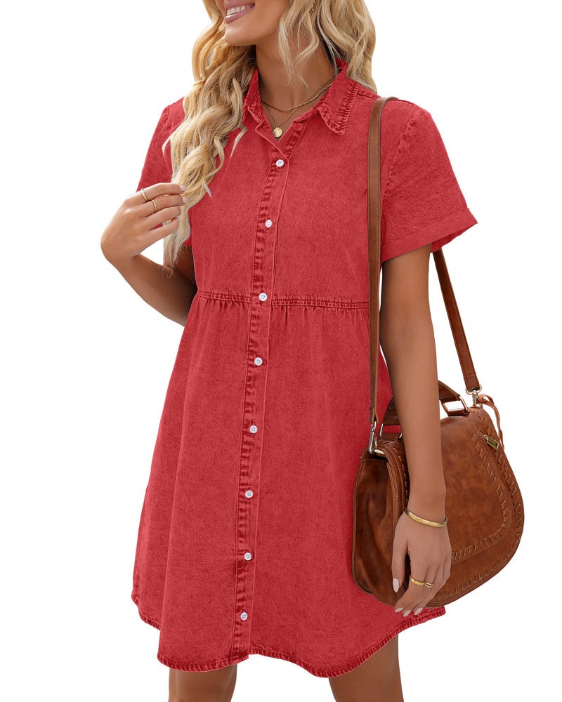 LookbookStore Women's Short Sleeve Babydoll Dress with Lapel Collar Button Down Dress Loose Fit Denim Dress for Women Casual Poppy Red Dress Size M - Image 1