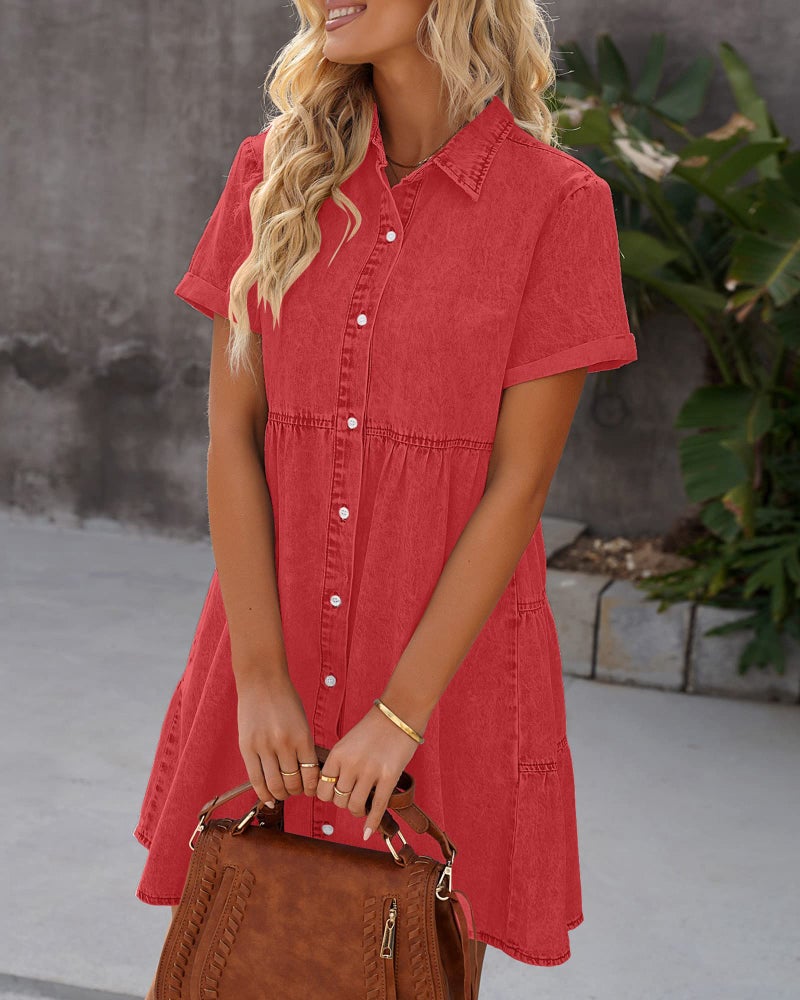 LookbookStore Women's Short Sleeve Babydoll Dress with Lapel Collar Button Down Dress Loose Fit Denim Dress for Women Casual Poppy Red Dress Size M - Image 3