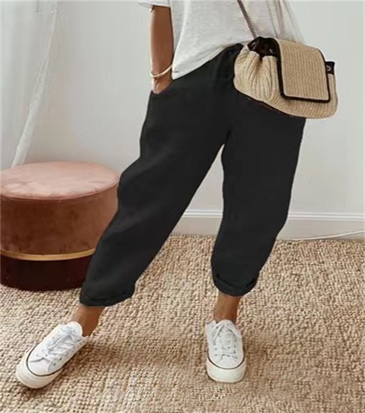 2024 Womens Cotton Linen Pants with Pockets Black