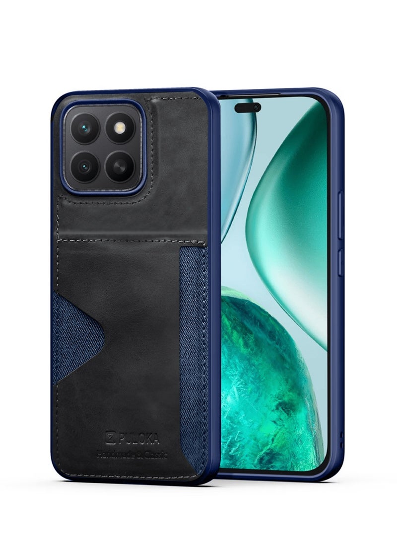 PULOKA Honor X8c 4G 2025 PULOKA Card Holder Skin-feel PU Leather Back Silicone Sides Case Cover - Navy Blue - Image 1
