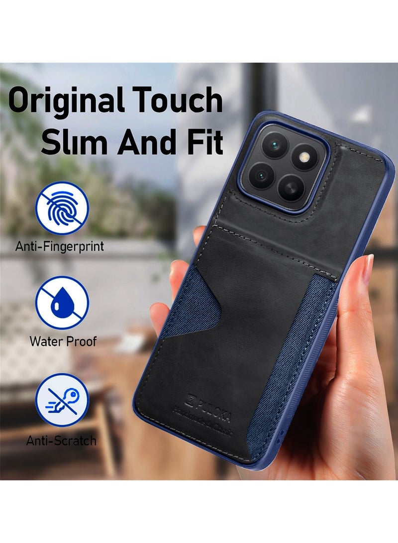 PULOKA Honor X8c 4G 2025 PULOKA Card Holder Skin-feel PU Leather Back Silicone Sides Case Cover - Navy Blue - Image 2
