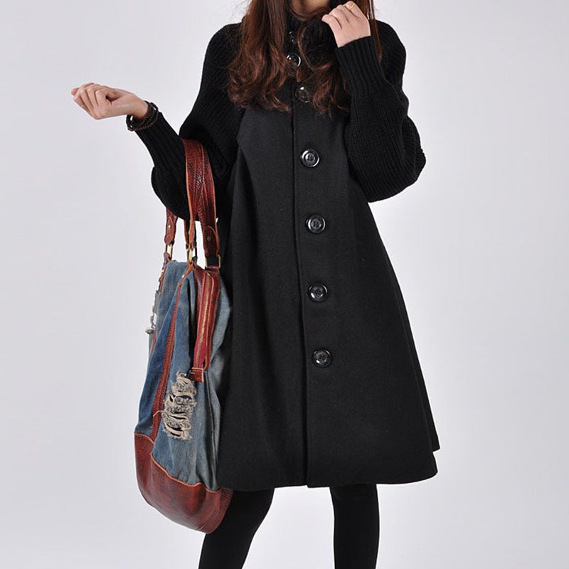 2019 autumn and winter New Korean version of large size womens clothing long loose woolen coat Cape woolen trench coat coat coat Black