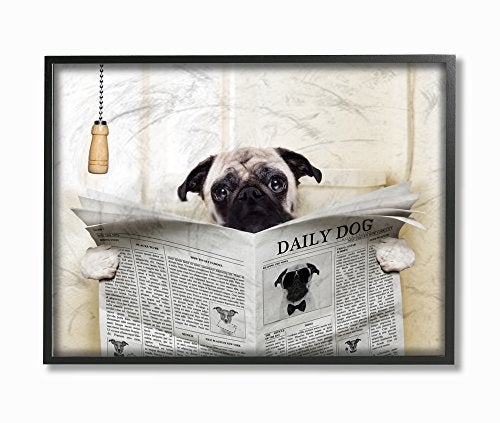 Stupell Industries Pug Reading Newspaper in Bathroom Framed Giclee Texturized Art 11 x 15 x 14 Proudly Made in USA