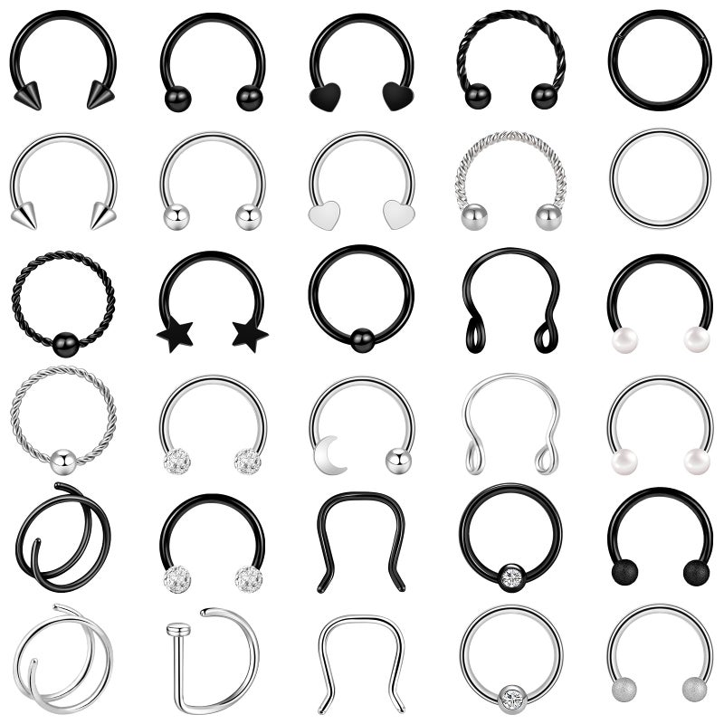 ONESING 30Pcs Septum Rings 16g Septum Jewelry Stainless Steel Septum Piercings Jewelry Horseshoe Nose Hoop Lip Rings Cartilage Earrings Body Piercing Jewelry for Women Men - Image 1