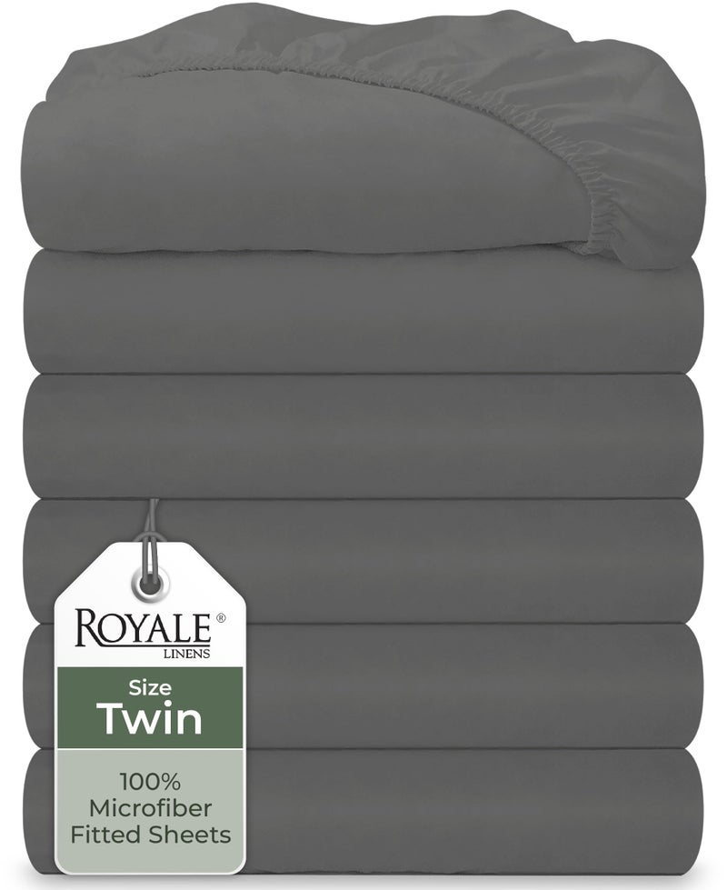 ROYALE LINENS 6 Pack Twin Fitted Sheet Set  Bottom Sheet  Ultra Soft  Breathable  Brushed 1800 Microfiber  Wrinkle  Stain Resistant  Hotel Quality Deep Pocket Stretches Up to 16 Twin Grey