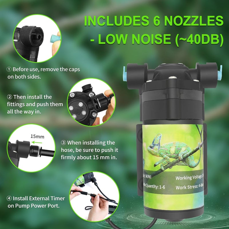 RUNWUSHENG Reptile Misting System with Timer, 6 Adjustable-Joint Nozzles, Self-Priming Pump, Quiet Fine Mist for Chameleons, Geckos, Frogs & Terrariums - Image 5
