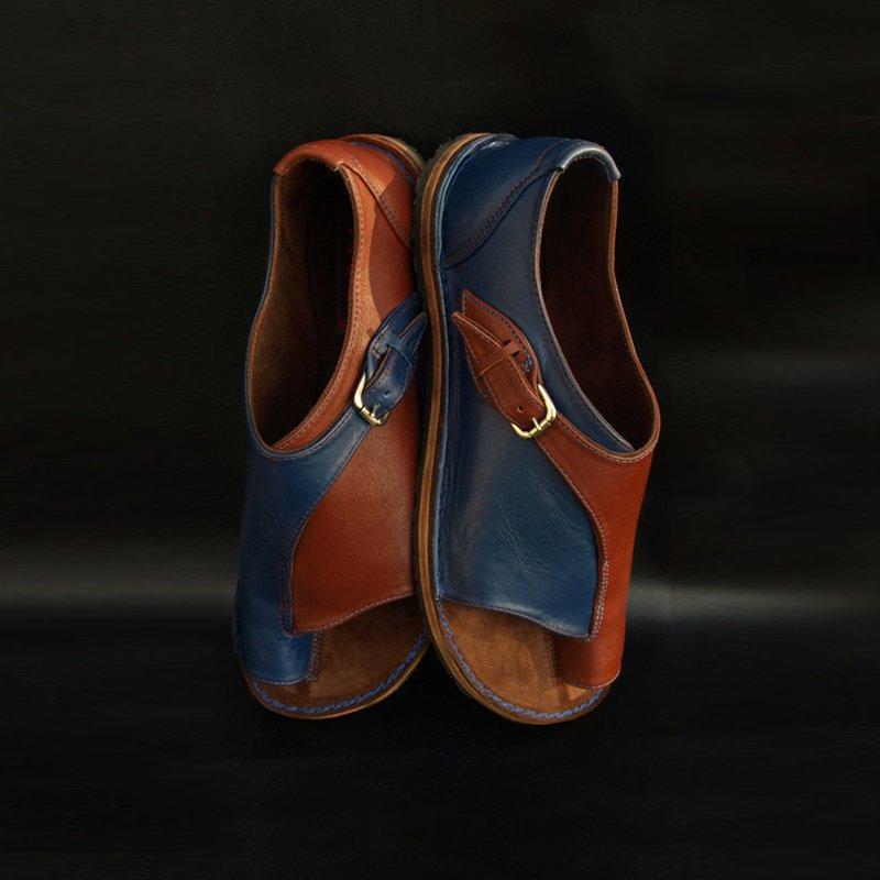 2022wish AliExpress cross-border e-commerce foreign trade flat buckle round head cap mouth women's plus size sandals brown+blue 38 - Image 1