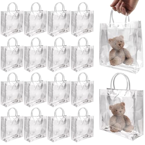 BadenBach 16 Pack Clear Gift Bags with Handles, 7.9" x 7.9" x 3.2" Small Reusable Plastic Party Favor Bags Bulk, Transparent PVC Tote Bag for Wedding, Birthday, Bachelorette, Boutique (20×20×8 cm) - Image 1