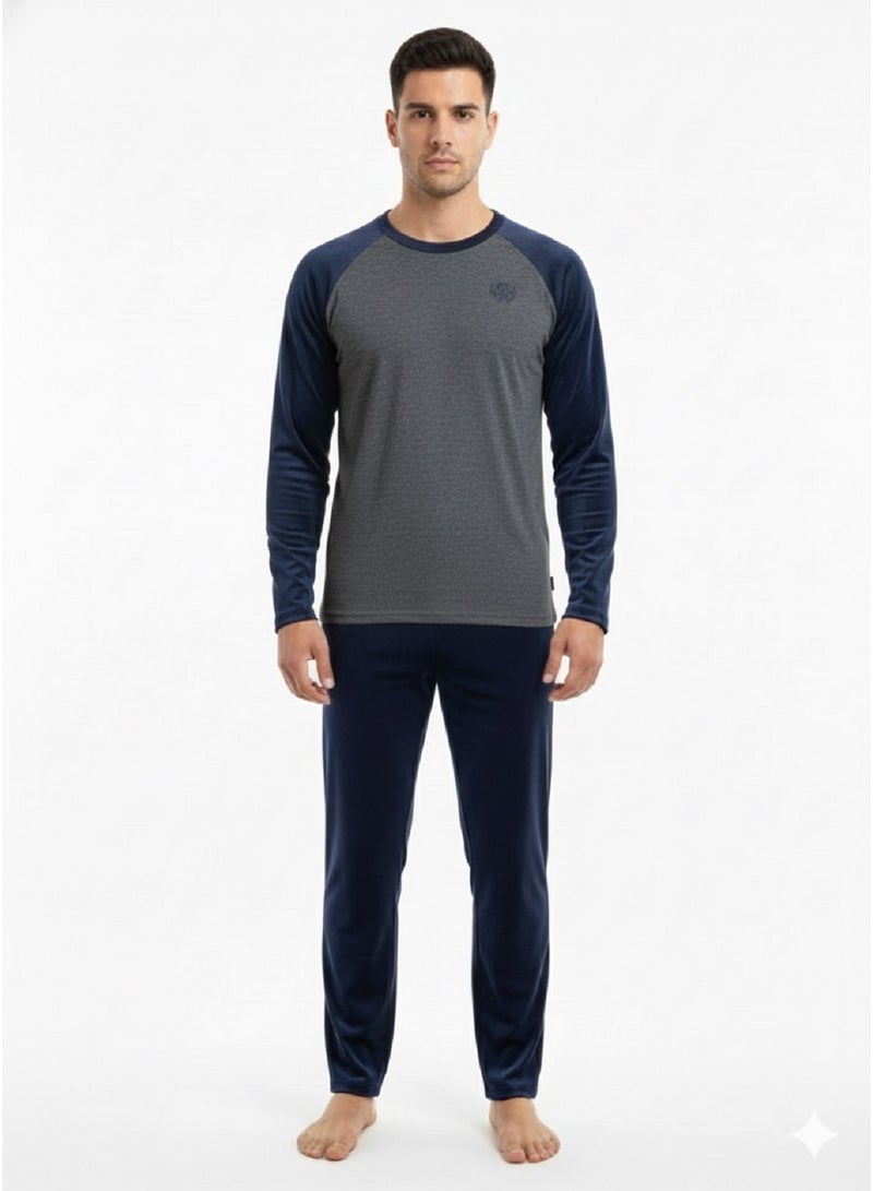 Jet Men Winter Velour Pajamas Set Long Sleeve & Plain Bottom