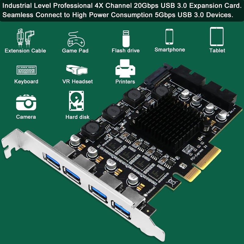 FebSmart PCIE X4 to 4X Channels 8-Ports Superspeed 5Gbps USB 3.0 Expansion Card, 4X Dedicated USB 3.0 5Gbps Channels 20Gbps Total Bandwidth, Built in Self-Powered Technology (FS-4C-U8-Pro) - Image 5