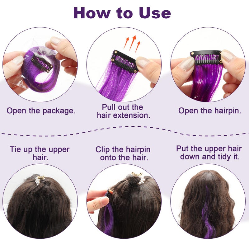 Olldag 10 PCS Purple Hair Extensions, Curly Wavy Synthetic Hairpieces Clip in Rainbow Neon Party Highlights, Colorful Hair Accessories for Kids Girls Women 17 Inch (Dark Purple) - Image 4