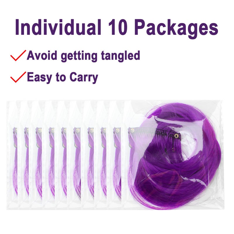 Olldag 10 PCS Purple Hair Extensions, Curly Wavy Synthetic Hairpieces Clip in Rainbow Neon Party Highlights, Colorful Hair Accessories for Kids Girls Women 17 Inch (Dark Purple) - Image 5