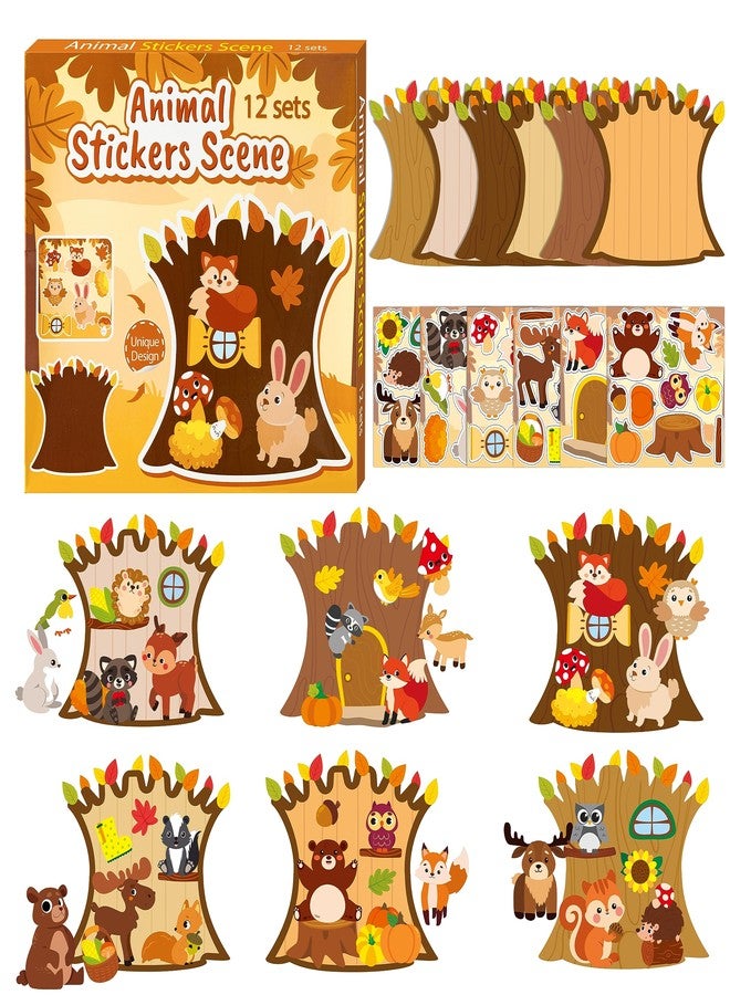 CY2SIDE 12 Sets Fall Woodland Animal Scene Sticker Art Craft for Kids, Make A Fall Woodland Scene with Fox Pumpkin Sticker, DIY Autumn Party Games for School Classroom Activities - Image 1