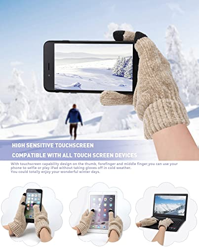 AQOTHES Womens Winter Knit Warm Hat Beanie Long Scarf Touch Screen Gloves Set Skull Caps Neck Scarves for Women Men Beige - Image 3
