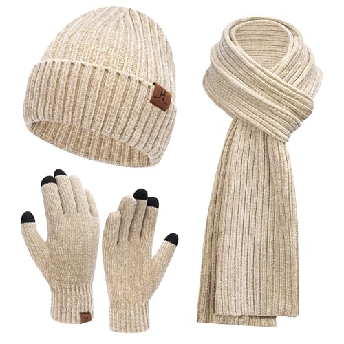 AQOTHES Womens Winter Knit Warm Hat Beanie Long Scarf Touch Screen Gloves Set Skull Caps Neck Scarves for Women Men Beige - Image 5