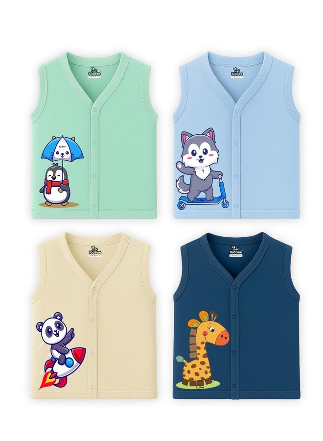 Kidbee Baby Cotton Sleeveless Front Open Jabla - Pack of 4 | Soft V-Neck Button Tops for Newborn & Infant (in, Age, 6 Months, 9 Months, Regular, BS-JSL-Multi-4pc) - Image 1