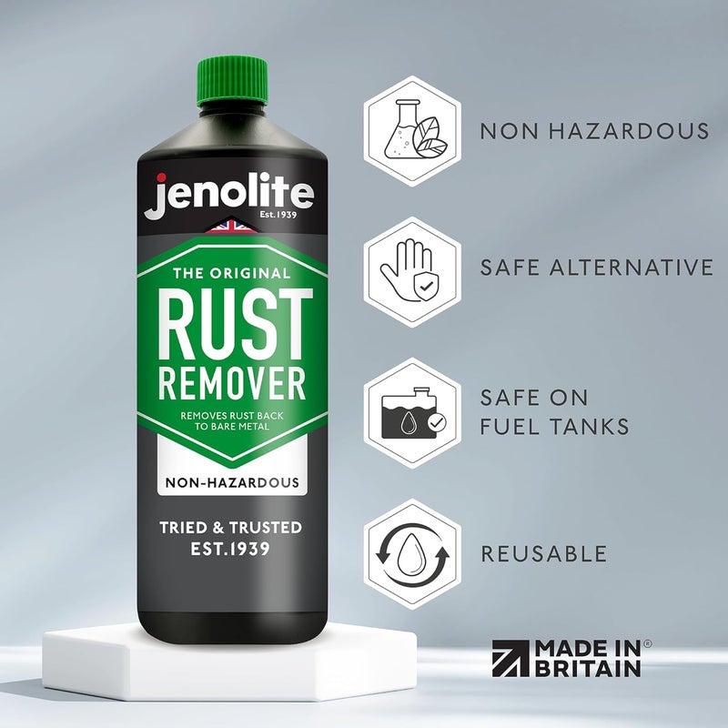 JENOLITE مزيل الصدأ غير الخطير من JENOLITE | 1 لتر | أساس مائي | مزيل الصدأ للمعادن: الحديد، الفولاذ، الكروم والألمنيوم | مثالي لخزانات الوقود | صديق للبيئة، مزيل صدأ غير سام محكم الغلق ومقاوم للغبار - Image 1