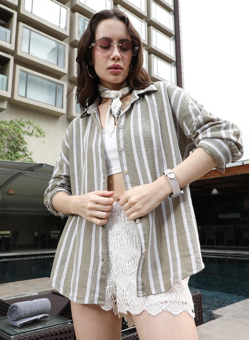 PINACOLADA Women's Ash Brown Halo-Striped Jacquard Oversized Shirt - Image 1