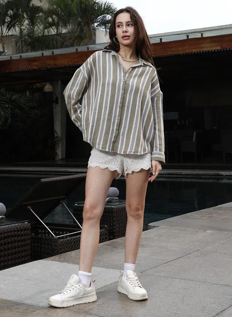 Pinacolada Women's Ash Brown Halo-Striped Jacquard Oversized Shirt Women's Ash Brown Halo-Striped Jacquard Oversized Shirt for Women | Best Price UAE