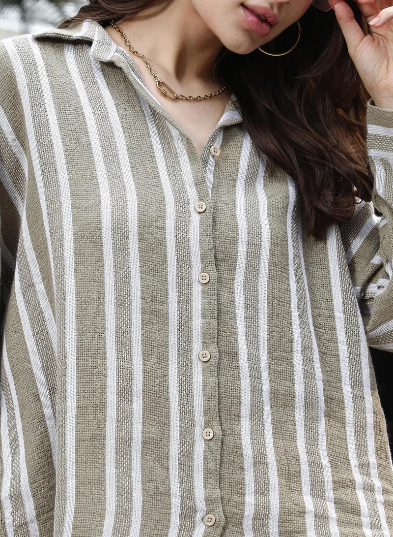 Pinacolada Women's Ash Brown Halo-Striped Jacquard Oversized Shirt Women's Ash Brown Halo-Striped Jacquard Oversized Shirt for Women | Best Price UAE
