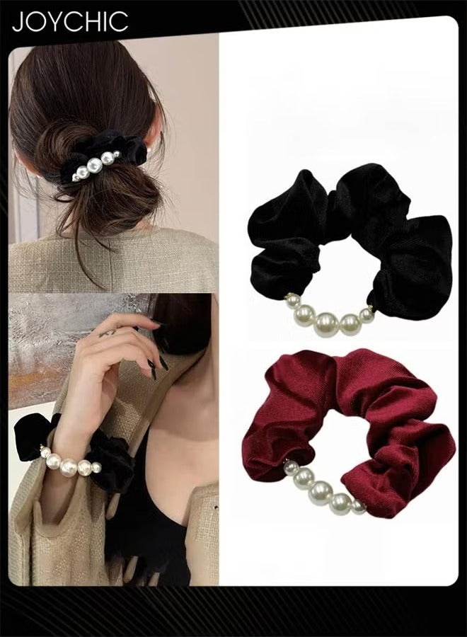 Joychic 2 Piece Korean Style Women Velvet Beads Hair Elastics  Low Ball Hair Rope Girl Temperament Hair Accessories - Image 1