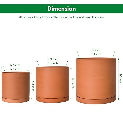 D'vine Dev Terracotta Pots for Plants, 6.5 Inch 8.3 Inch 9.5 Inch, Round Cylinder Planter Pot with Drainage and Saucer, 40-T-C-0 - Image 3