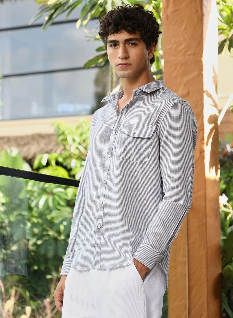 CAHOOT  Men's Navy Blue Candy-Stripe Jacquard Shirt for Men | Best Price UAE