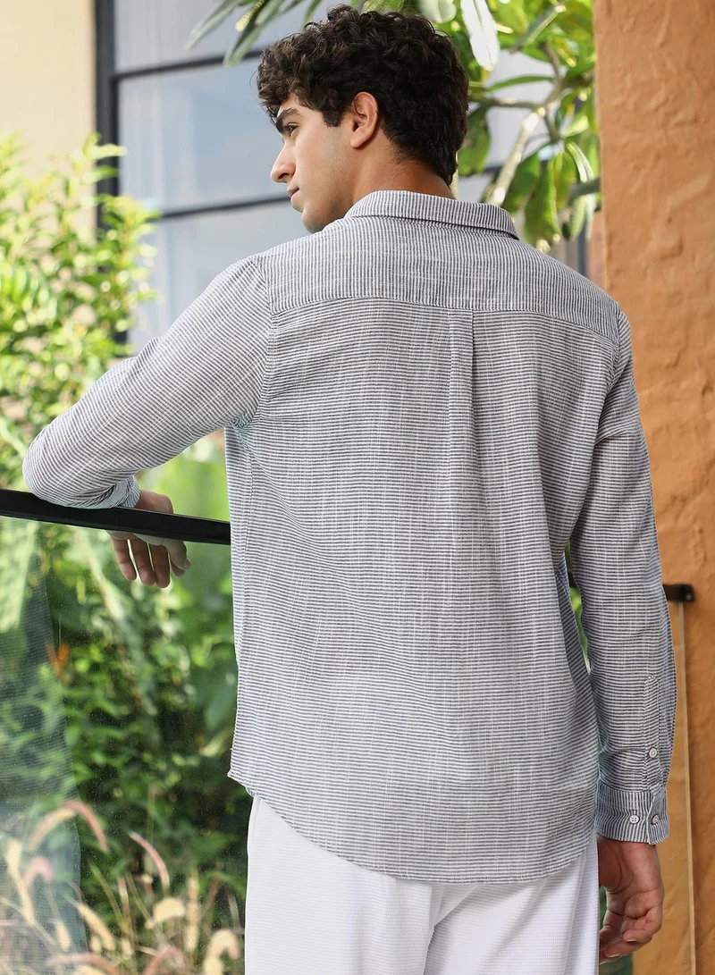 CAHOOT  Men's Navy Blue Candy-Stripe Jacquard Shirt for Men | Best Price UAE