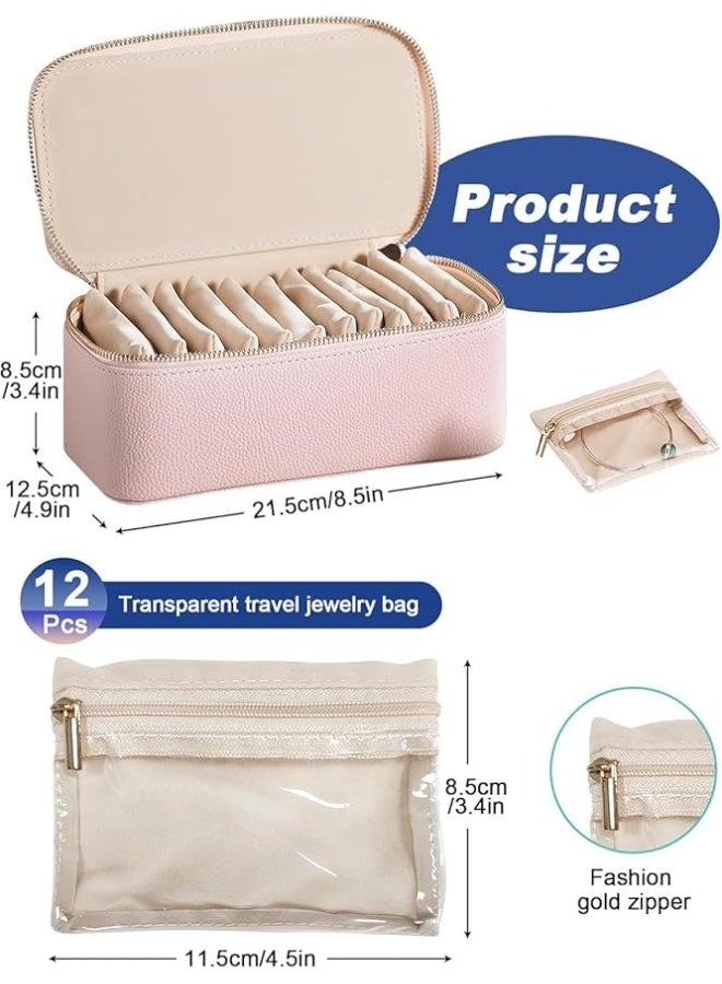 Homarket Jewelry Box Travel Case Leather Jewelry Organizer With 12 Velvet Jewelry Bags Gift For Women Girls Beige - Image 2